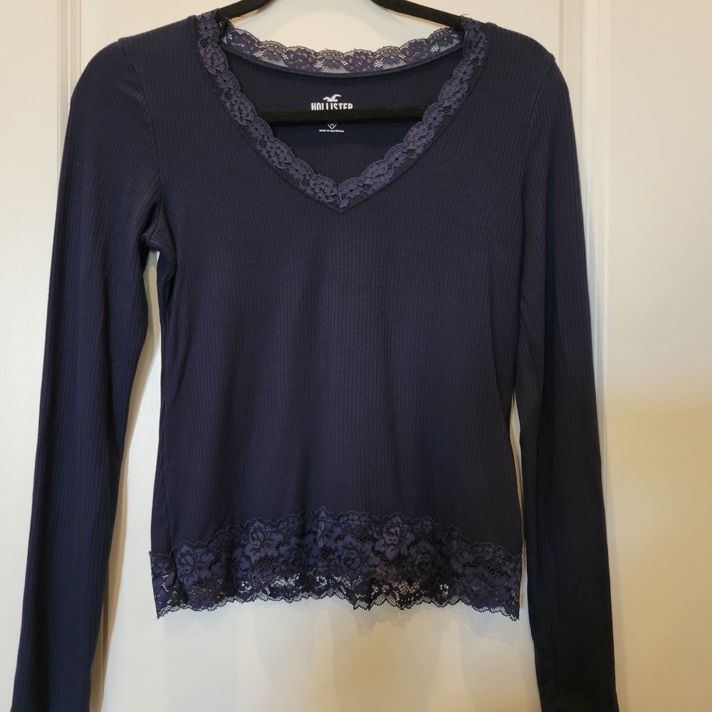 Hollister Blue Fitted Embellished Blouse